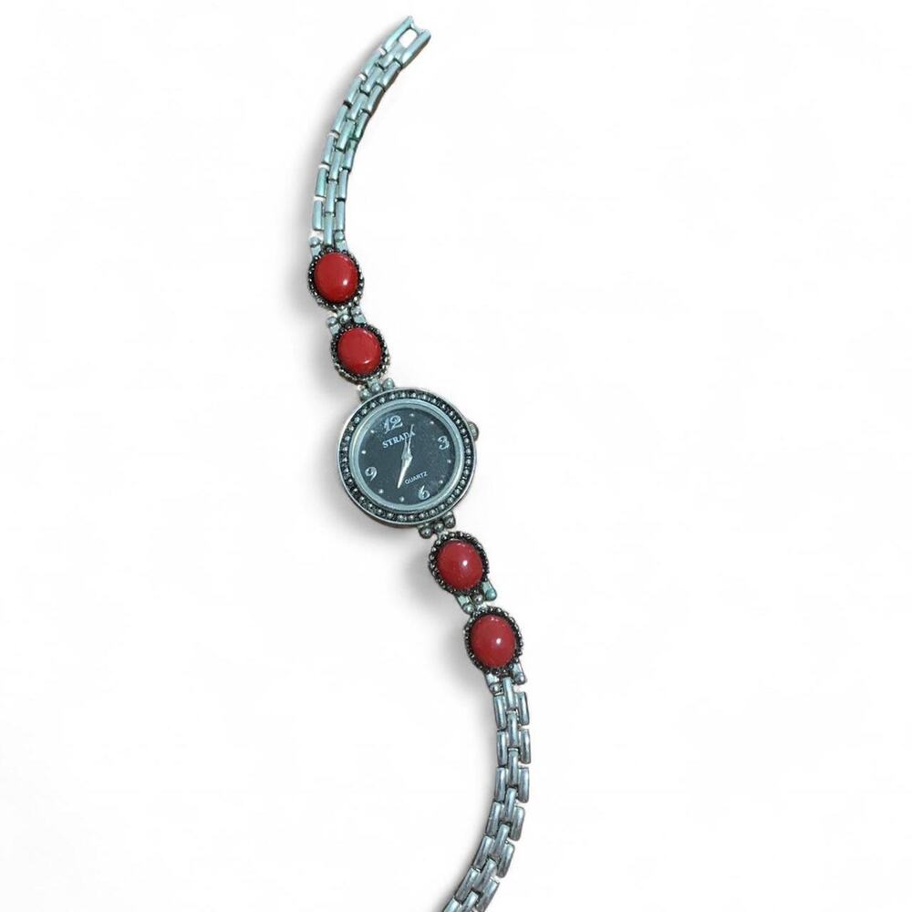 Strada Silver Tone watch with Red rhinestone beads
